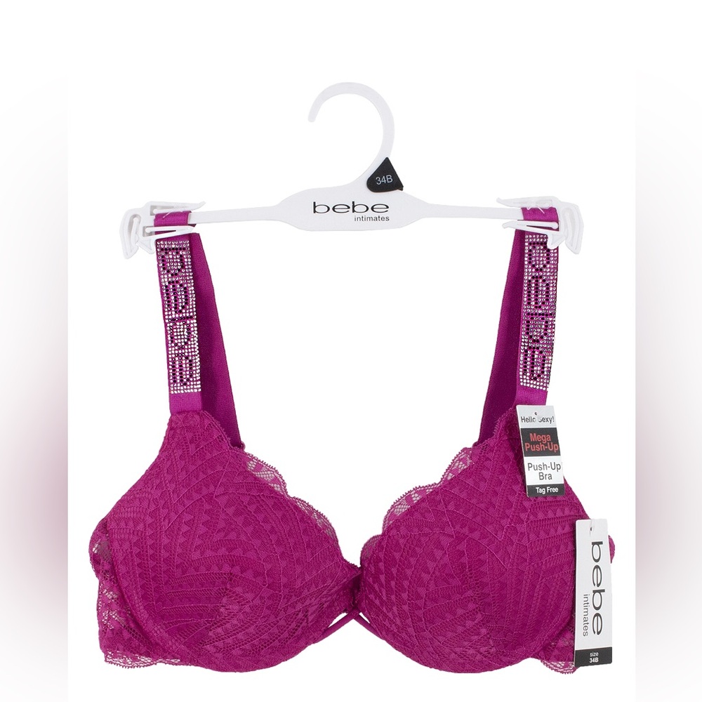NWT bebe MEGA Push Up Shine Rhinestone Strap Bra,34B,34C,36B, 36C,38C, Magenta